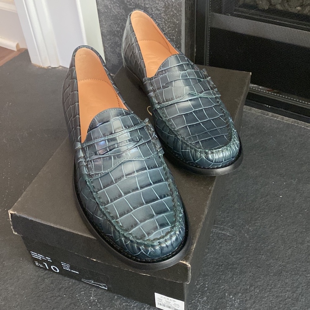 J. CREW Winona Loafers in Dark Moss Croc Embossed Leather - New with Box